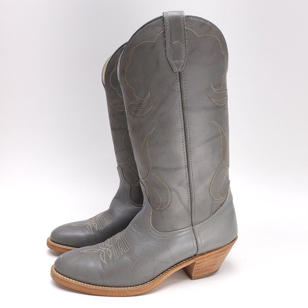 Acme Mens Gray Leather Cowboy Western Boots‎ Pointed Toe Stacked Heel 4615 9 D